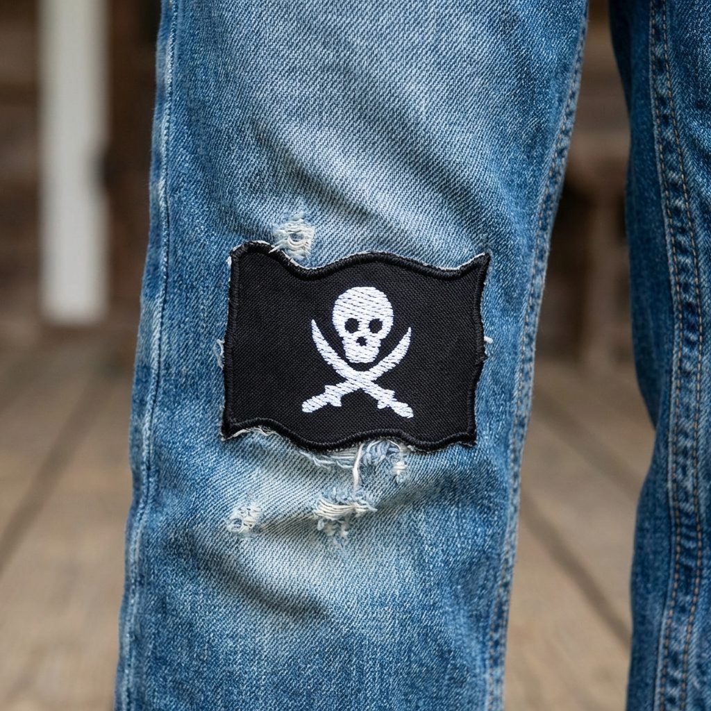 schwarzer Piratenflagge-Patch mit weißem Totenkopf auf einer Jeanshose – Jolly Roger Bügelpatch 7 x 5 cm auf Jeans aufgebügelt, handmade Berlin Piratenbande