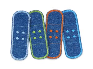 4er Set Jeans Trostpflaster aus blauem Jeansstoff mit Umrandung in Orange Blau Blassblau Hellgrün, jeweils 8,5 x 3 cm Pflasterform, Hosenpflaster Bügelflicken handmade Berlin