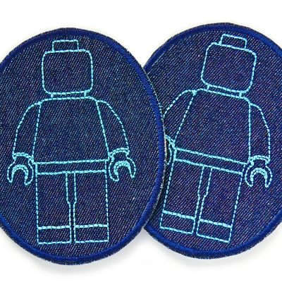 Knieflicken mit Bausteinmännchen blau, robuste Jeansflicken für Kinderhosen und Legofans