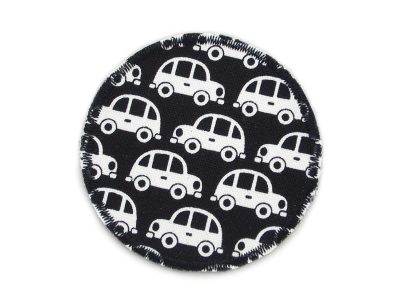 Runder Hosenflicken aus schwarzem Baumwollcanvas mit weißen Oldtimer-Autos, ø 7 cm, zum Aufbügeln auf Kinderhosen, handmade Berlin