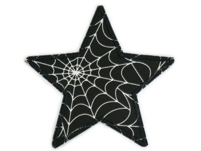 Stern Spinnweben Bügelflicken schwarz, Baumwollstoff 10 x 10 cm, schwarzer Stern mit weißem Spinnweben-Muster, Stern-Bügelflicken Halloween Gothic handmade Berlin