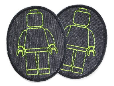 2 Bausteinmännchen-Knieflicken aus schwarzem Jeansstoff mit gestickten neongelben Spielfiguren, jeweils 8 x 10 cm, Bügelflicken für Kinderhosen Lego-Fans handmade Berlin