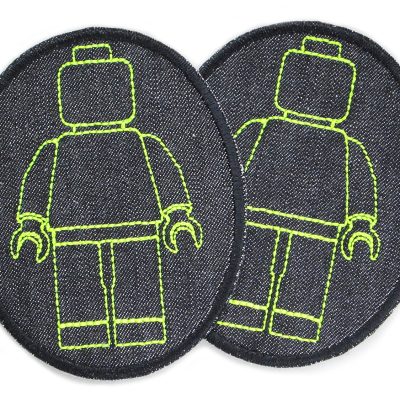 2 Bausteinmännchen-Knieflicken aus schwarzem Jeansstoff mit gestickten neongelben Spielfiguren, jeweils 8 x 10 cm, Bügelflicken für Kinderhosen Lego-Fans handmade Berlin