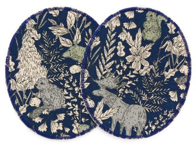 2 XL Waldtier-Knieflicken aus dunkelblauem Baumwollcanvas mit Hirschen Eichhörnchen Bären Bibern und Pflanzen Allover, jeweils 10 x 12 cm, Bügelflicken Unikat handmade Berlin