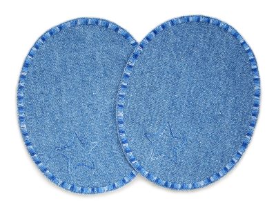 2 Jeansflicken Sternchen aus mittelblauem Jeansstoff mit gesticktem Stern und Farbverlaufs-Umrandung in Blautönen, jeweils 8 x 10 cm, Knieflicken Bügelflicken handmade Berlin