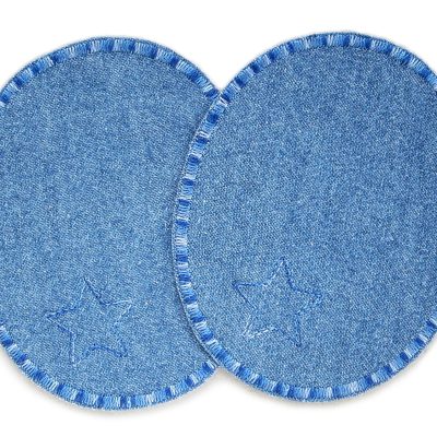 2 Jeansflicken Sternchen aus mittelblauem Jeansstoff mit gesticktem Stern und Farbverlaufs-Umrandung in Blautönen, jeweils 8 x 10 cm, Knieflicken Bügelflicken handmade Berlin