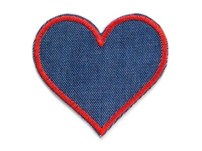 Herz Jeansflicken rot – dunkelblauer Jeansstoff mit hellroter Garnumrandung, 8,5 x 8 cm, herzförmiger Bügelflicken für Kinderhosen handmade Berlin