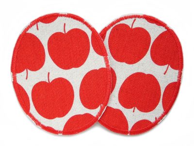 Ovale Apfel-Knieflicken aus naturfarbenem Baumwollcanvas mit roten Äpfeln, 8 x 10 cm oder 10 x 12 cm, Bügelflicken für Kinderhosen handmade Berlin