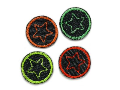 4 runde Bügelpatches aus Jeansstoff mit gesticktem Stern, schwarz-neon, 3 cm, Mini Stern Aufnäher zum aufbügeln - 4 Mini Neon-Stern Jeansflicken Ø 3 cm aus schwarzem Jeansstoff in 4 Neonfarben, Mini-Bügelflicken Set handmade Berlin