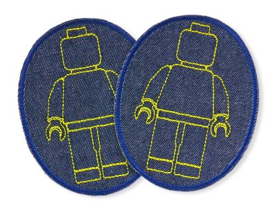 2 Bausteinmännchen-Knieflicken aus dunkelblauem Jeansstoff mit gestickten gelben Spielfiguren, jeweils 8 x 10 cm, ovale Bügelflicken für Kinderhosen Legofans handmade Berlin