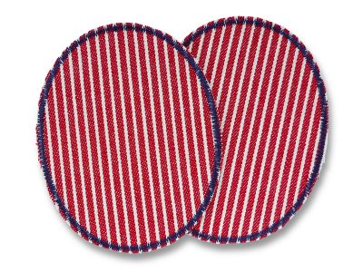 Zwei ovale Knieflicken aus rot-weiß gestreiftem Oshkosh-Jeansstoff mit dunkelblauer Umrandung, in zwei Größen erhältlich, Bügelflicken zum Aufbügeln auf Kinderhosen und Jeans, handmade Berlin
