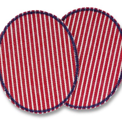 Zwei ovale Knieflicken aus rot-weiß gestreiftem Oshkosh-Jeansstoff mit dunkelblauer Umrandung, in zwei Größen erhältlich, Bügelflicken zum Aufbügeln auf Kinderhosen und Jeans, handmade Berlin