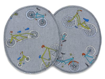 Zwei ovale Knieflicken aus grauem Baumwollcanvas mit buntem Fahrrad-Allover-Muster, in zwei Größen erhältlich (8 x 10 und 10 x 12 cm), Bügelflicken zum Aufbügeln auf Kinderhosen, handmade Berlin