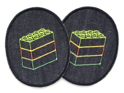 Knieflicken aus schwarzem Jeansstoff mit gestickten Legosteinen in Neonfarben, 8 x 10 cm, Neon-Baustein-Knieflicken zum Aufbügeln für Kinderhosen handmade Berlin
