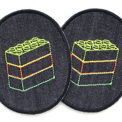Knieflicken aus schwarzem Jeansstoff mit gestickten Legosteinen in Neonfarben, 8 x 10 cm, Neon-Baustein-Knieflicken zum Aufbügeln für Kinderhosen handmade Berlin