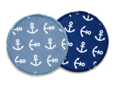 Hosenflicken Anker 2 Farben 8 cm – Anker Hosenflicken dunkelblau und blau-grau auf Baumwollcanvas Ø 8 cm mit weißem Anker-Allover, Bügelflicken handmade Berlin