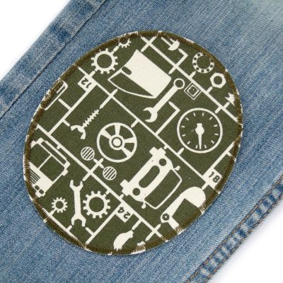 2 ovale Knieflicken Werkstatt olivgrün in zwei Größen aus robustem Baumwollstoff zum Aufbügeln für Kinderhosen und Jeans
