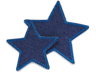 Zwei blaue Stern Jeans Bügelflicken in 2 Größen 7,5 cm und 10 cm aus dunkelblauem Jeansstoff mit blauer Garnumrandung, Stern-Aufnäher für Kinderhosen und Erwachsene handmade Berlin