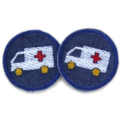 Zwei runde Mini-Jeansflicken aus dunkelblauem Jeansstoff mit gesticktem Krankenwagen in Blau, Weiß und Rot, ø 4 cm, zum Aufbügeln auf Kinderhosen, handmade Berlin