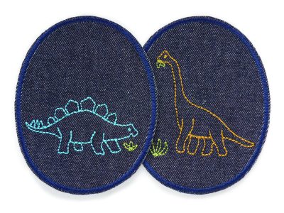 2 Dinosaurier-Knieflicken aus dunkelblauem Jeansstoff mit gesticktem Stegosaurus und Brachiosaurus, jeweils 8 x 10 cm, ovale Jeansflicken für Kinderhosen handmade Berlin