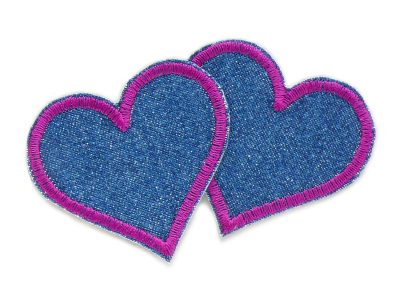 2 kleile Herz Jeansflicken in dunkelblau lila – herzförmige Bügelflicken 5,5 x 5 cm aus dunkelblauem Jeansstoff mit lilafarbener Garnumrandung, Flicken für Jeans, Herz-Hosenflicken handmade Berlin