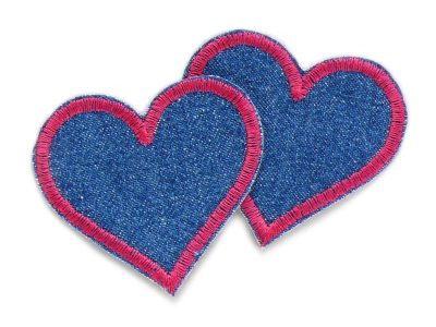 2 Herz Jeansflicken zum aufbügeln in blau pink – herzförmige Knieflicken 5,5 x 5 cm aus dunkelblauem Jeansstoff mit pinkfarbener Garnumrandung, Herz-Bügelflicken handmade Berlin