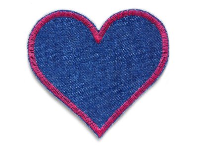 Jeansflicken Herz aus dunkelblauem Jeansstoff mit pink – herzförmiger Bügelflicken 8,5 x 8 cm aus dunkelblauem Jeansstoff mit pinkfarbener Garnumrandung, Herz-Hosenflicken handmade Berlin