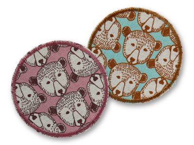 Runder Hosenflicken aus Baumwollcanvas mit Bärenköpfen Allover-Muster, Ø 7 cm, in Braun und Rosa erhältlich, Bügelflicken für Kinderhosen handmade Berlin