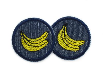2 Bananen Mini Patches aus dunkelblauem Jeansstoff mit gestickten gelben Bananen, jeweils Ø 4 cm, Mini-Bügelflicken handmade Berlin