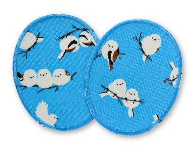 2 Wintervögel-Knieflicken aus blauem Baumwollcanvas mit kleinen weißen Vögeln Allover-Muster, jeweils 8 x 10 cm, ovale Bügelflicken für Kinderhosen handmade Berlin