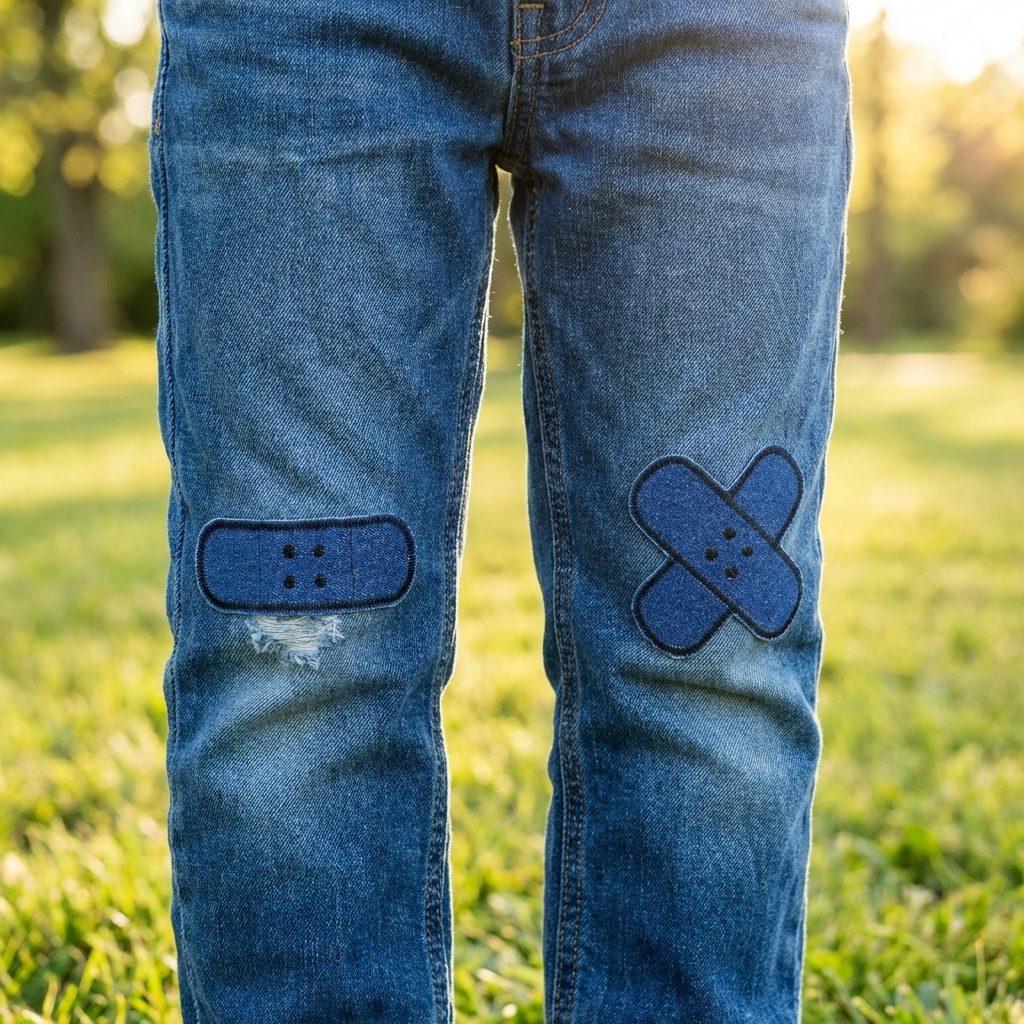 Pflaster Flicken Set zum aufbügeln auf einer Kinderhose – schwarze Hosenpflaster aus dunkelblauem Jeansstoff auf Kinderhose aufgebügelt, 8,5 x 8,5 cm und 8,5 x 3 cm, handmade Berlin Piratenbande