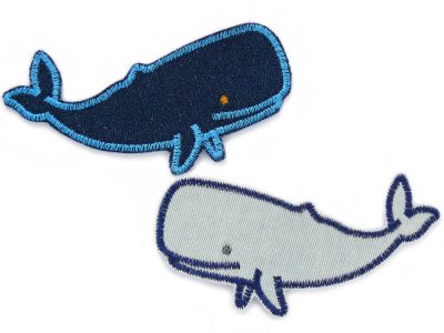 Pottwal Bügelbilder aus Jeans in 2 Farben – dunkelblau und hellblau – gestickter Wal Patch 11 x 5 cm Jeansflicken handmade Berlin