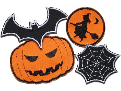 4 Halloween Patches Bügelbilder Set aus Baumwollstoff – Kürbis 9 x 6,5 cm, Hexe 5,5 cm, Spinnennetz 6 x 6 cm, Fledermaus 10 x 5,5 cm in schwarz und orange, handmade Berlin