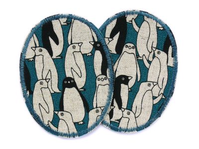 2 Pinguin-Knieflicken aus petrolfarbenem Baumwollcanvas mit verschiedenen Pinguinen Allover-Muster, jeweils 6 x 8 cm, schmale ovale Bügelflicken für Kinderhosen handmade Berlin