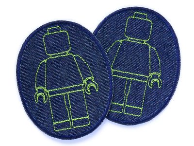 2 Bausteinmännchen-Knieflicken aus dunkelblauem Jeansstoff mit gestickten hellgrünen Spielfiguren, jeweils 8 x 10 cm, Bügelflicken für Kinderhosen Lego-Fans handmade Berlin