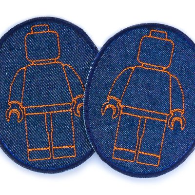 Große Knieflicken für Kinder mit Bausteinmännchen in Orange, 2 ovale Bügelflicken aus dunkelblauem Jeansstoff mit gestickten orangefarbenen Spielfiguren, 8 x 10 cm, Lego-Fans handmade Berlin