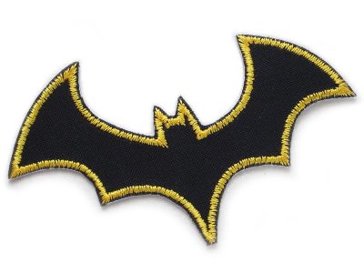 Fledermaus Patch schwarz 10 x 6 cm aus schwarzem Baumwollstoff mit goldgelber Garnumrandung, Fledermaus-Bügelpatch handmade Berlin