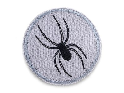 Spinnen-Bügelpatch aus grauem Baumwollstoff mit gestickter schwarzer Spinne, Ø 5,5 cm, runder Spinnen-Aufnäher zum Aufbügeln handmade Berlin