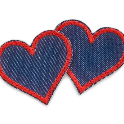 Herz Patches zum aufbügeln aus blauem Jeansstoff mit roter Garnumrandung