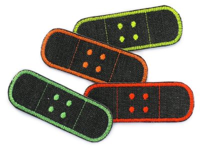 4 Trostpflaster Pflaster Flicken Jeans in Neon – 4er Set schwarze Jeans-Hosenpflaster 8,5 x 3 cm mit Garnumrandung in Neongelb Neonorange Neongrün Neonrot, Pflasterflicken handmade Berlin