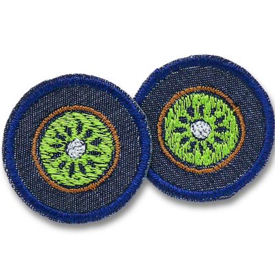 2 Kiwi Mini Patches aus dunkelblauem Jeansstoff zum aufbügeln, Mini Jeansflicken mit aufgestickter grüner Kiwi