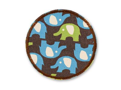 Hosenflicken Elefant aus braunem Baumwollcanvas, Ø 8 cm, blaue und grüne Elefanten Allover-Muster, Bügelflicken für Kinderhosen zum Aufbügeln handmade Berlin