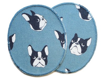 2 XL Knieflicken Bulldogge aus grauem Baumwollcanvas, jeweils 10 x 12 cm, ovale Bügelflicken mit Bulldoggenköpfen in Grau Schwarz Weiß, Kinderhosen reparieren handmade Berlin