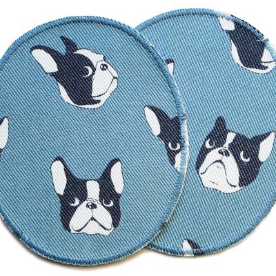 2 XL Knieflicken Bulldogge aus grauem Baumwollcanvas, jeweils 10 x 12 cm, ovale Bügelflicken mit Bulldoggenköpfen in Grau Schwarz Weiß, Kinderhosen reparieren handmade Berlin