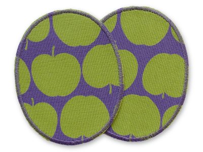 2 Apfel-Knieflicken aus lila Baumwollcanvas mit hellgrünen Äpfeln, jeweils 8 x 10 cm, ovale Bügelflicken für Kinderhosen handmade Berlin