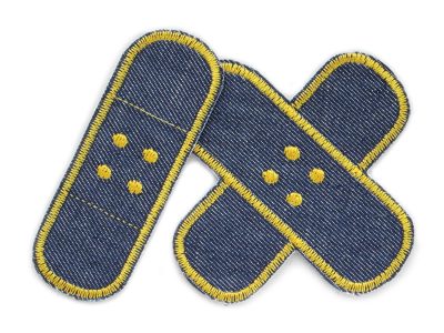 2 Jeansflicken Pflaster ocker aus dunkelblauem Jeansstoff mit ockerfarbener Garnumrandung – Kreuzpflaster 8,5 x 8,5 cm und Einzelpflaster 8,5 x 3 cm, Hosenpflaster handmade Berlin