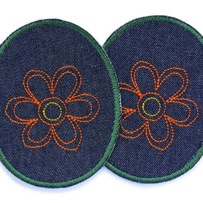 Knieflicken aus dunkelblauem Jeansstoff mit gestickter orangefarbener Blüte, 2 ovale Bügelflicken 8 x 10 cm, Blumen-Knieflicken für Kinderhosen und Jeanshosen handmade Berlin