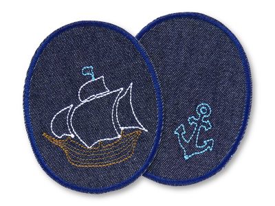 2 Piraten-Knieflicken aus dunkelblauem Jeansstoff mit gesticktem Piratenschiff und hellblauem Anker, jeweils 8 x 10 cm, Bügelflicken für Kinderhosen Piraten-Fans handmade Berlin