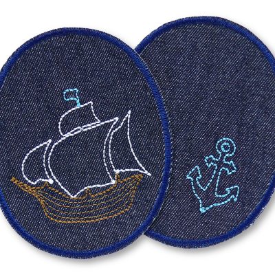 2 Piraten-Knieflicken aus dunkelblauem Jeansstoff mit gesticktem Piratenschiff und hellblauem Anker, jeweils 8 x 10 cm, Bügelflicken für Kinderhosen Piraten-Fans handmade Berlin