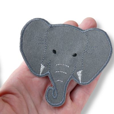 Elefant Aufnäher aus grauem Canvas mit gesticktem Elefantenkopf, 9 x 8,5 cm, Knieflicken zum Aufbügeln, einzelnes Elefantenmotiv handmade Berlin
